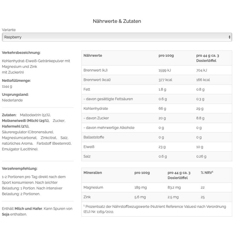 Getränkpulver proteinhaltig Regeneration Recovery Max Himbeere 1144g