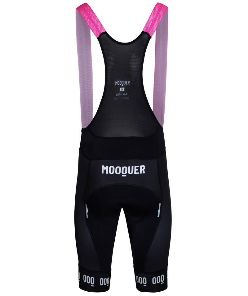 Culotte da ciclismo donna con bretelle rosa Mooquer Team Corsa Bibs nero.