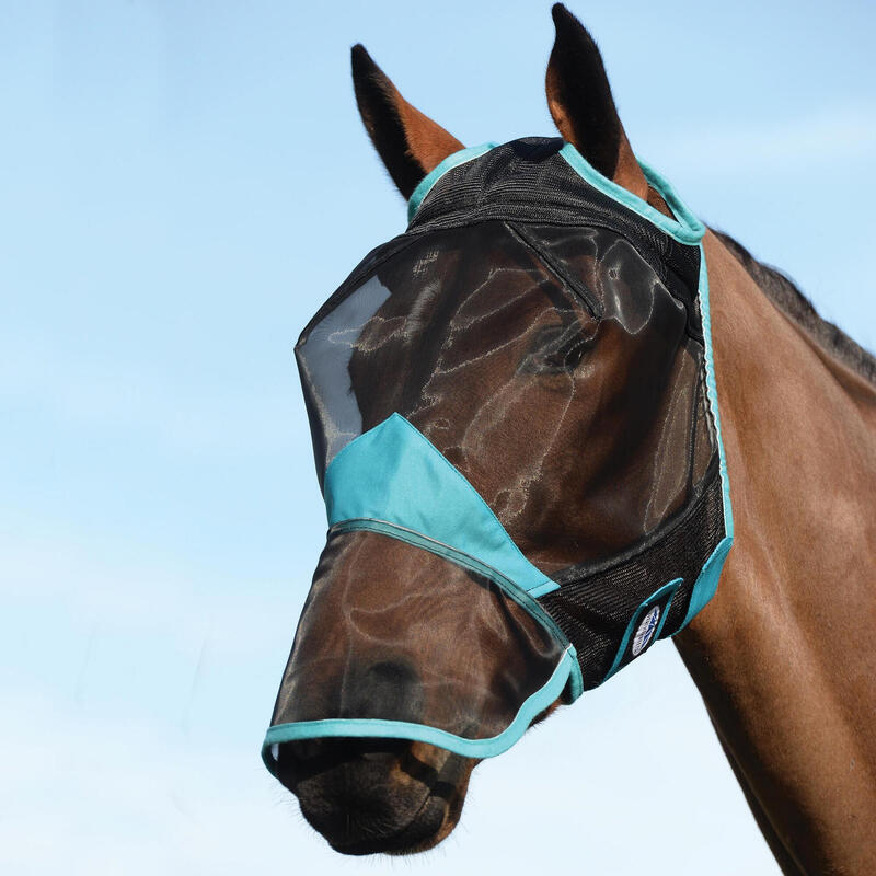 Masque antimouches pour chevaux avec nez COMFITEC (Noir / turquoise)