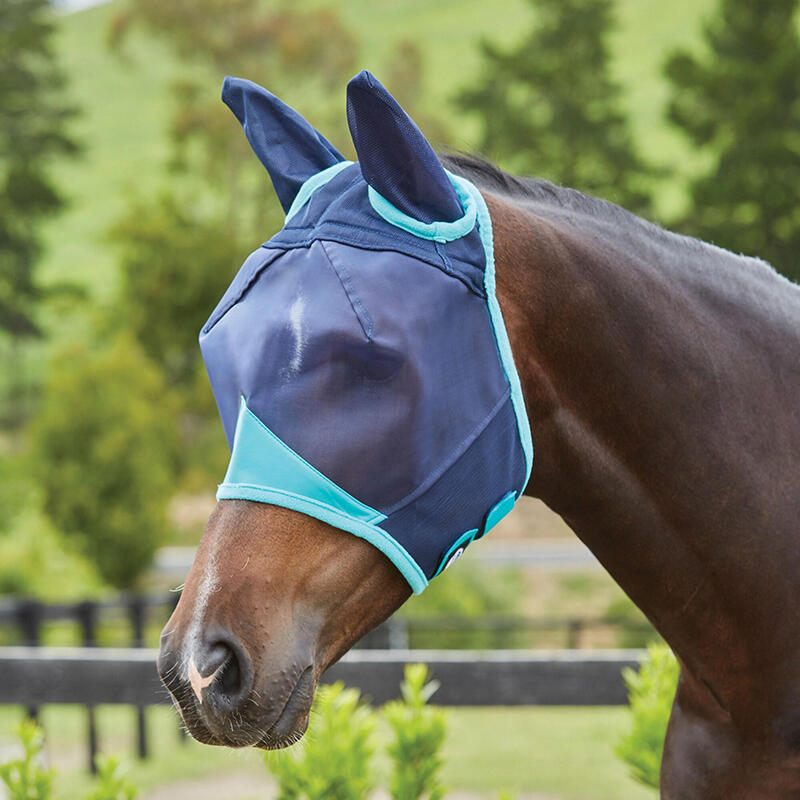 Masque antimouches pour chevaux avec oreilles COMFITEC (Bleu marine / turquoise)