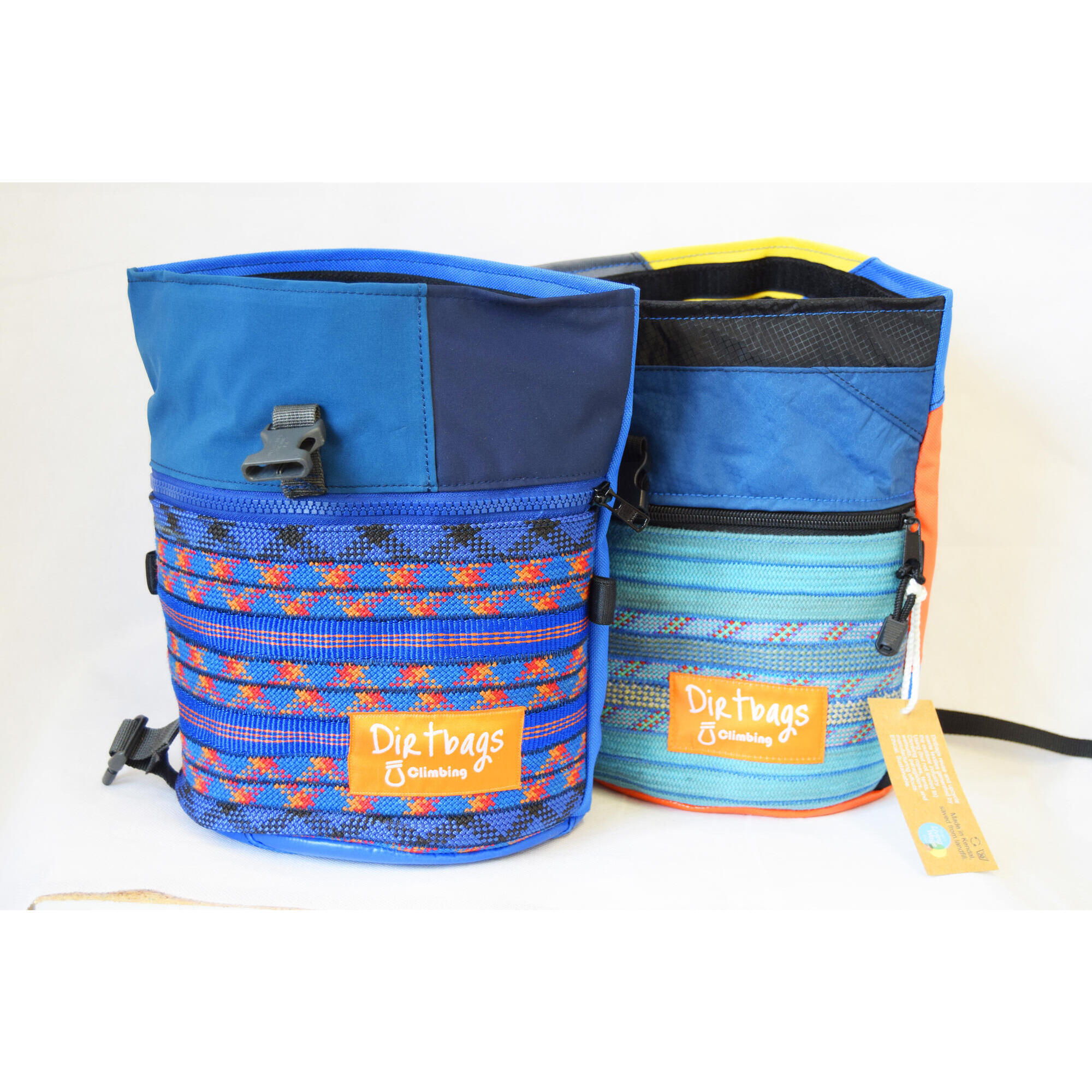 DIRTBAGS CLIMBING Boulder bag made with recycled climbing rope and upcycled fabric. Blue/ purple