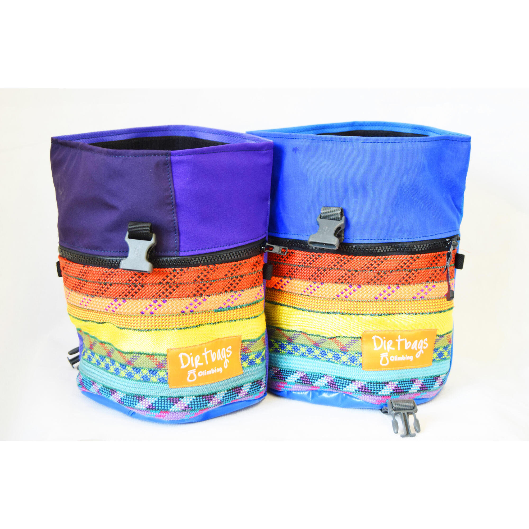 Boulder bag made with recycled climbing rope and upcycled fabric. Rainbow 1/4