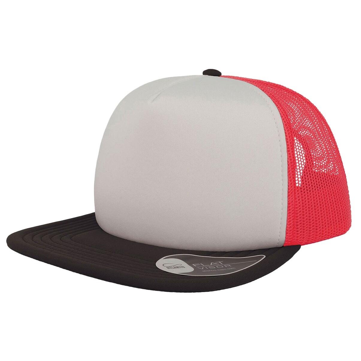 Unisex Snap 90s Flat Visor 5 Panel Trucker Cap (White/Red/Black) 1/3