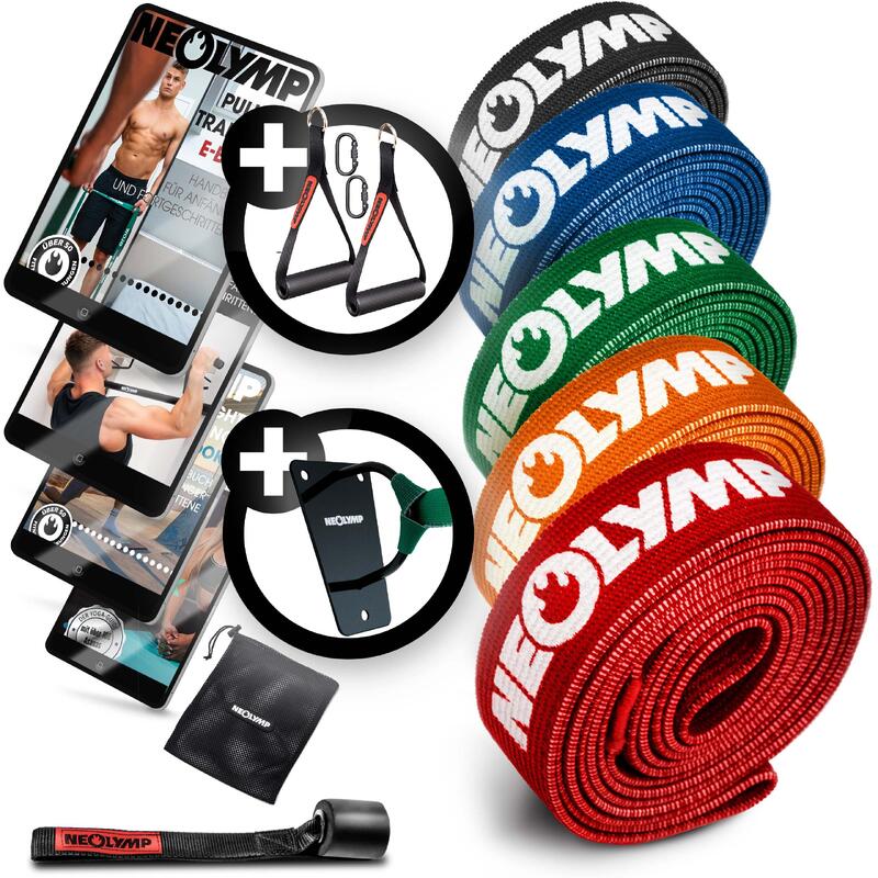 Bandes de fitness en tissu - set de 5 avec extension de poignée + ancrage mural