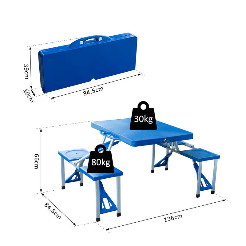 Outsunny Măsuță de picnic pliabilă din aluminiu cu 4 scaune, Albastru deschis