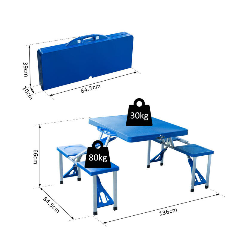 Outsunny Tavolo da Campeggio Tavolo da Pic Nic Pieghevole con Sedie Blu