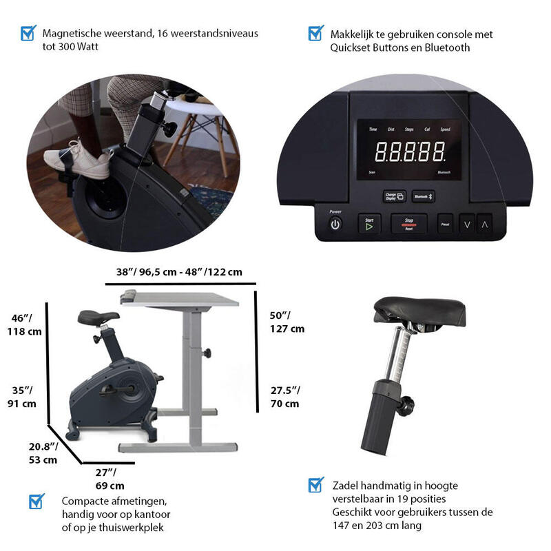 Velo d'appartement incl Bureau C3-DT5 - Ecran LCD - 122cm - Desk Bike - Gris