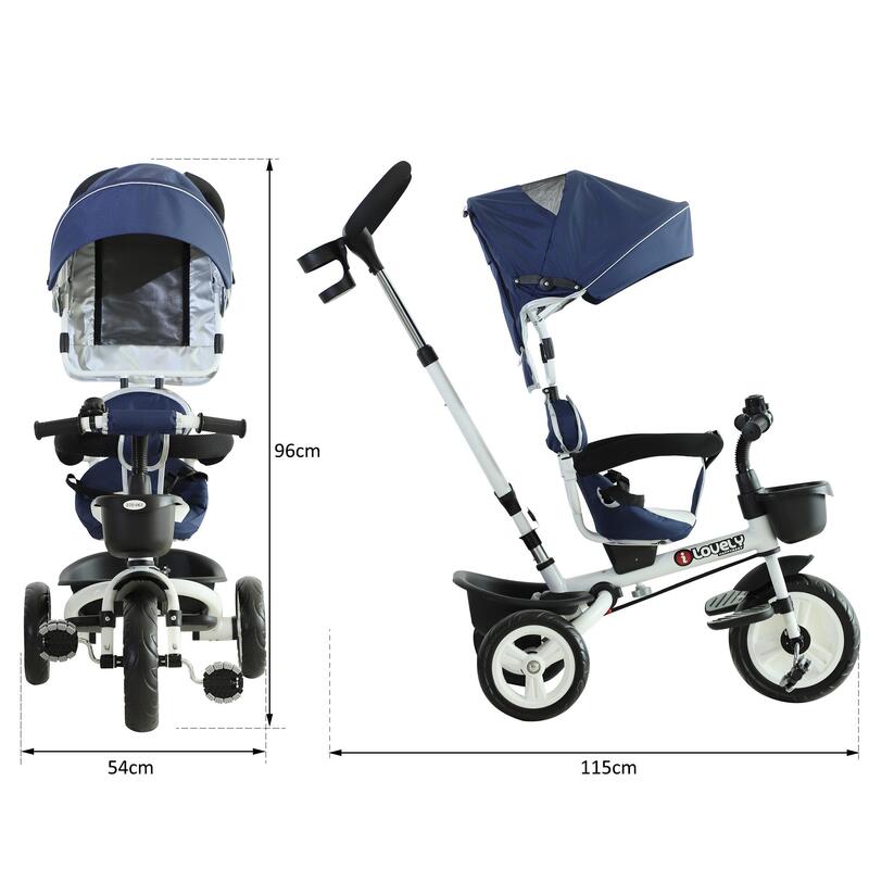 Triciclo para bebé Homcom azul 118x53x105 cm acero plástico tela