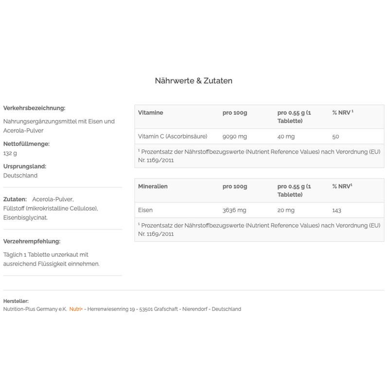 Eisen + Vitamin C - mit 50mg Eisen und 40mg natürlichem Vitamin C pro Tablette