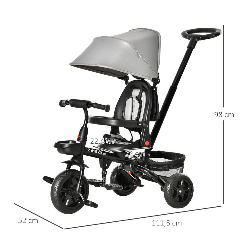 Triciclo para Bebé 111.5x52x98 cm Cinzento HOMCOM