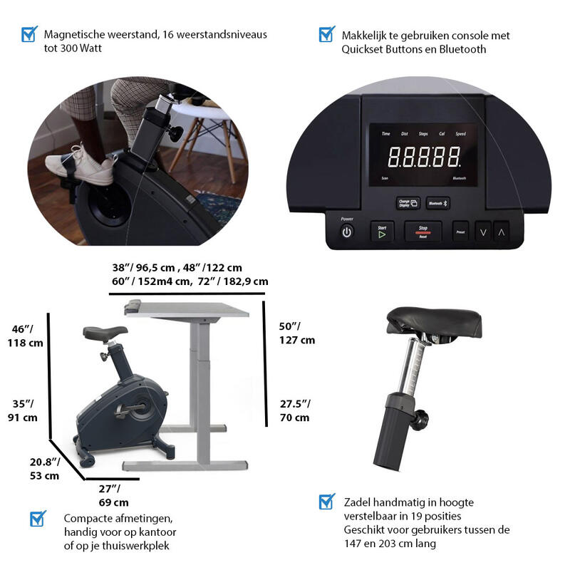 Stoelfiets Inc Bureau 122cm C3-DT7 - Elektronisch Verstelbaar - Display - Grijs