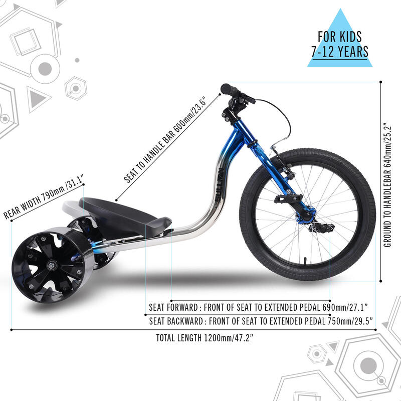 Drift Trike Big Wheel, Roue 18", Bleu/Noir/Argent