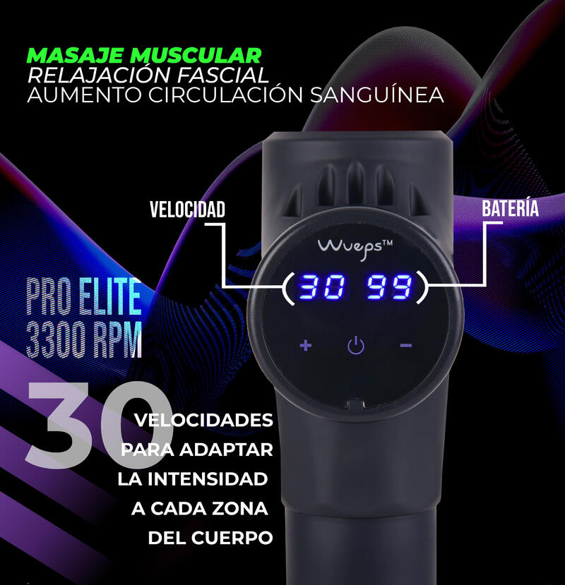 Pistola de masaje muscular ProElite Carbon, 3300 RPM con 8 Cabezales