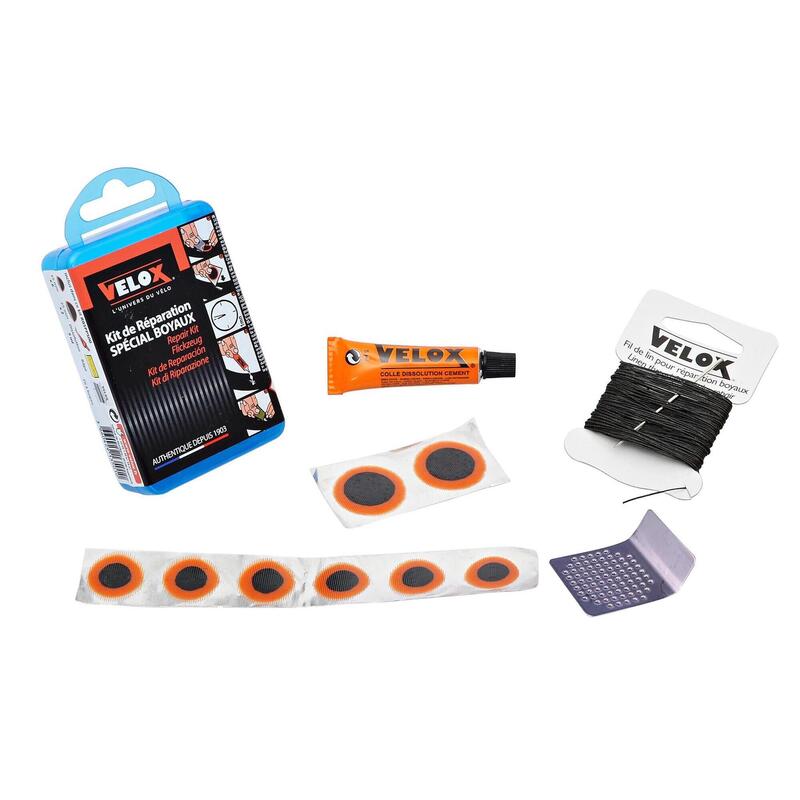 Kit de réparation boyaux - boîte 6 patchs 15mm + 2 patchs 25mm + colle 5g + rape