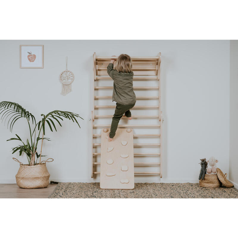 Klettergerüst & Sprossenwand mit Rampe/Rutsche + Balance Board, Naturholz