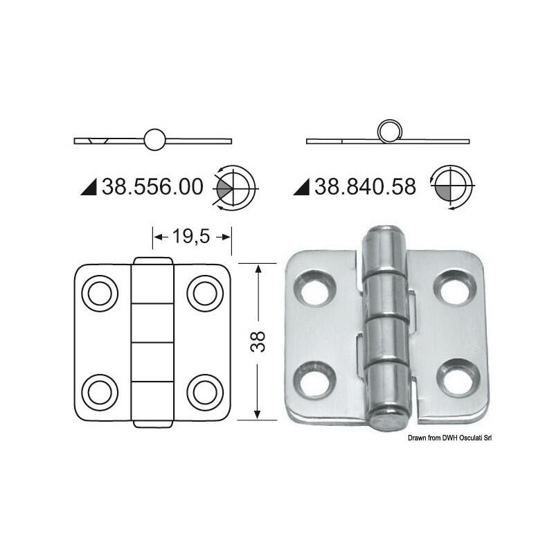 Charnière inox épaisseur 2 mm - 38 x 39 mm - a moitie encastre