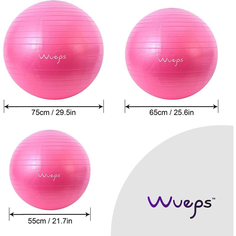 Ballon de Pilates et de yoga, très résistant - 65cm Rose - gonfleur inclus