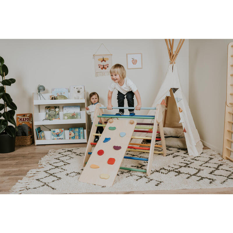 Kletterdreieck aus Holz mit Rampe/Rutsche, Bunt + Balance Board