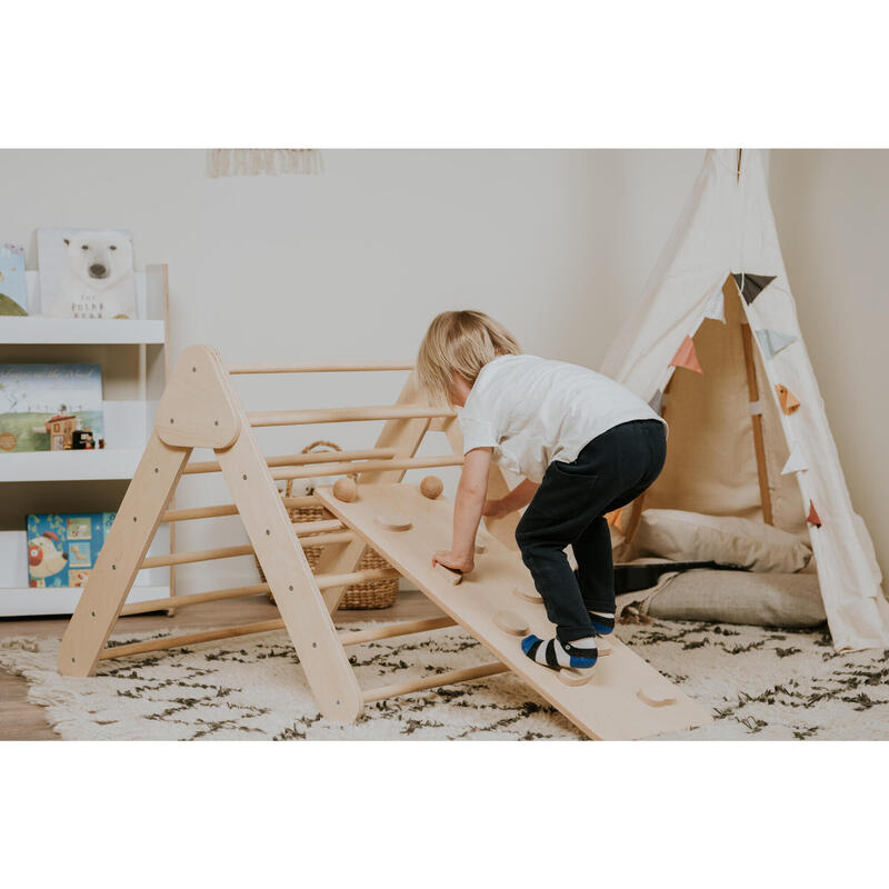 Kletterdreieck aus Holz mit Rampe/Rutsche, Naturholz + Balance Board, Montessori