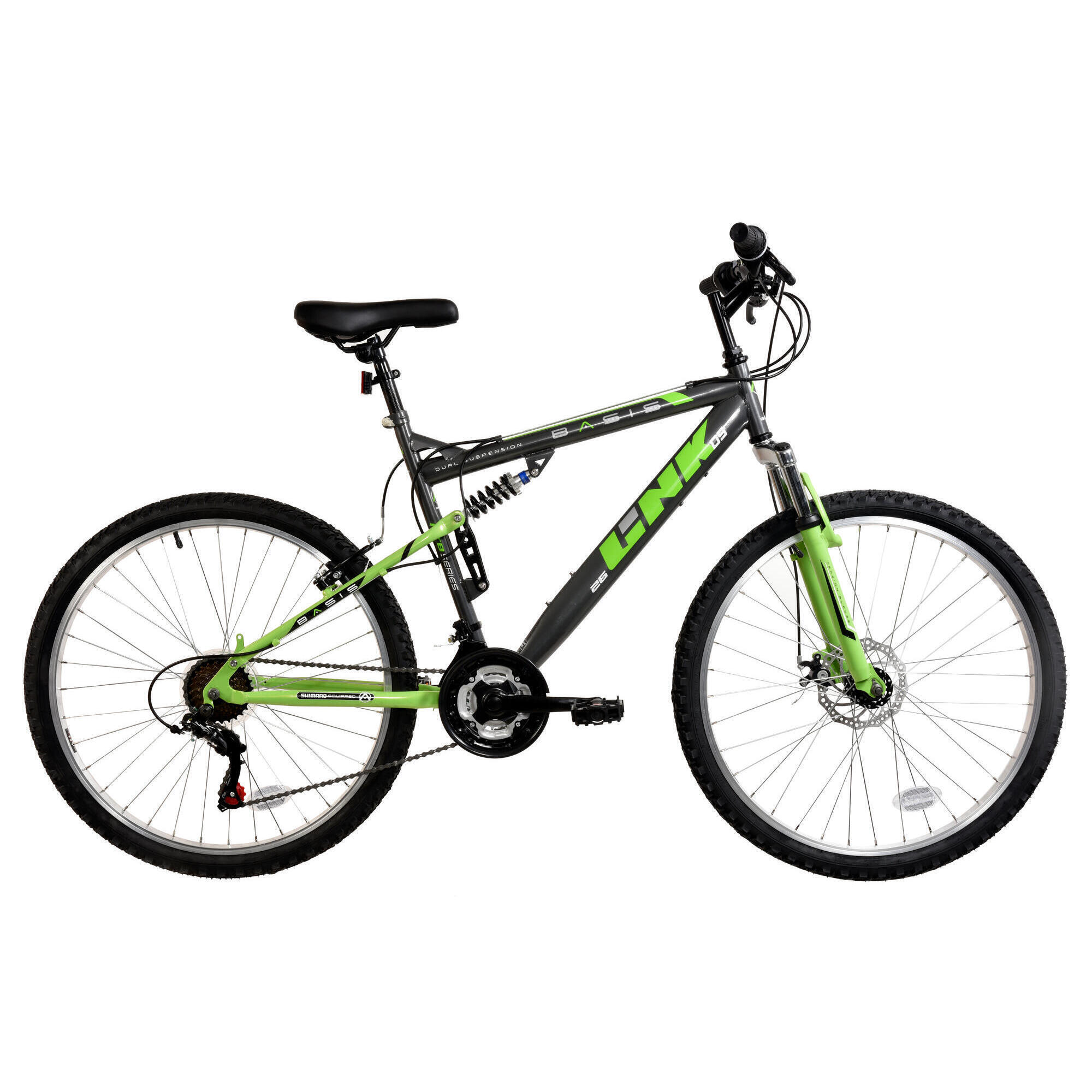 BASIS Basis Link Adult's Full Suspension Mountain Bike, 26In Wheel - Graphite/Lime