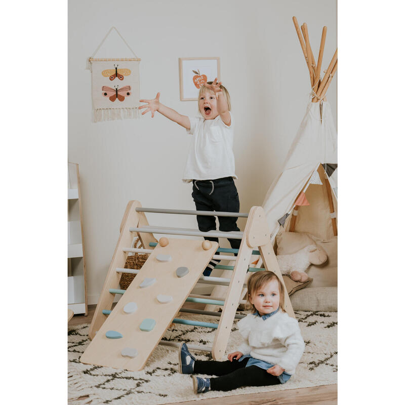 Klettergerüst mit Rampe und Rutsche Indoor, Kletterdreieck aus Holz, Pastell