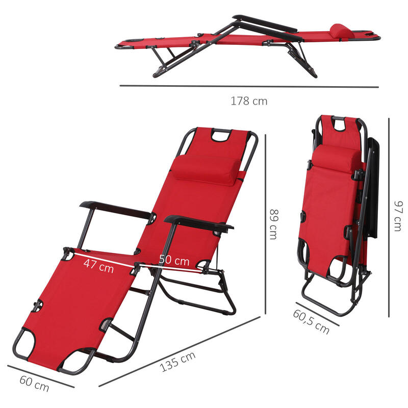 Tumbona reclinable Outsunny rojo 135x60x89cm metal tela oxford