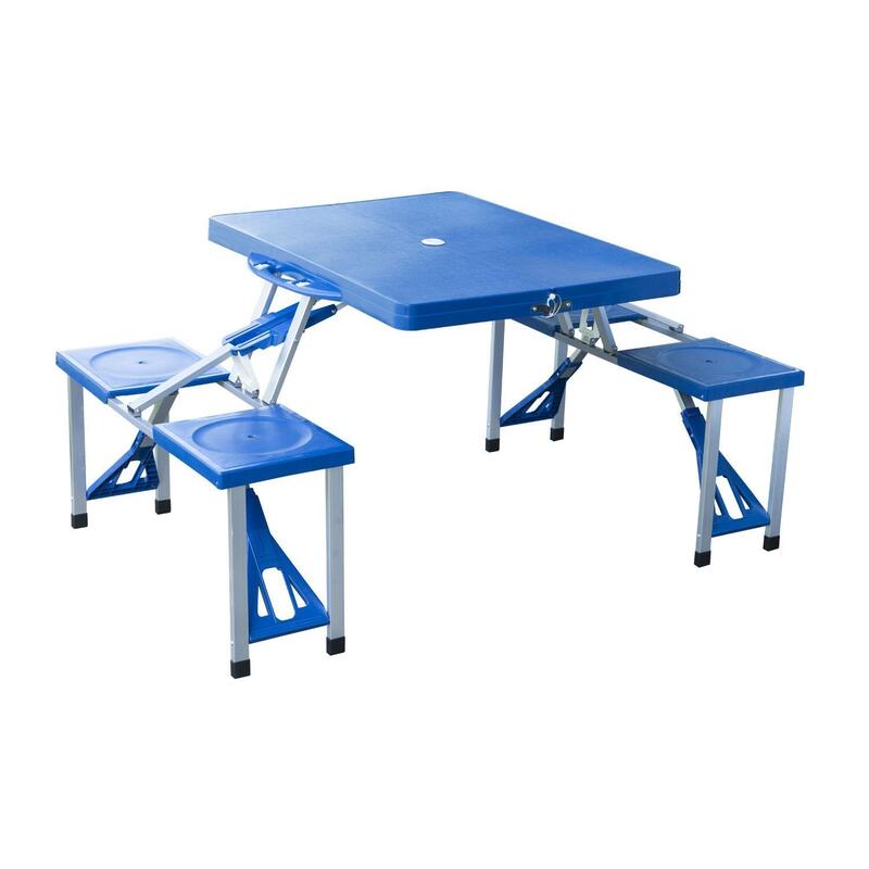 Mesa plegable Outsunny azul con 4 sillas integradas 135,5x84,5x66 cm