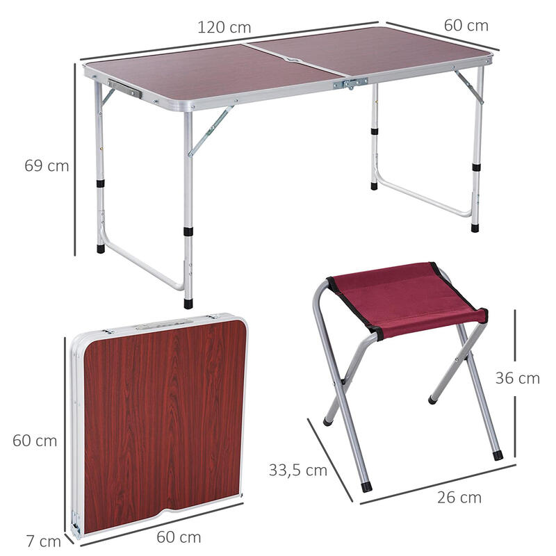 Mesa de Acampamento 120x60x69cm Marrom e Vermelho Outsunny