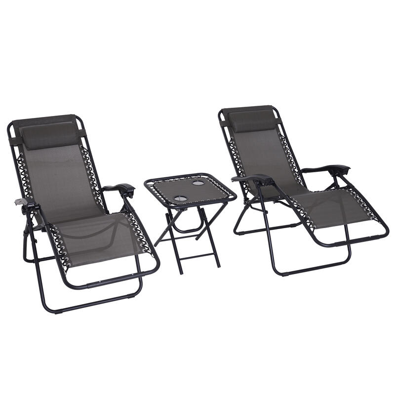 2 sillas de gravedad cero plegables y mesa Outsunny 90x65x110 cm gris