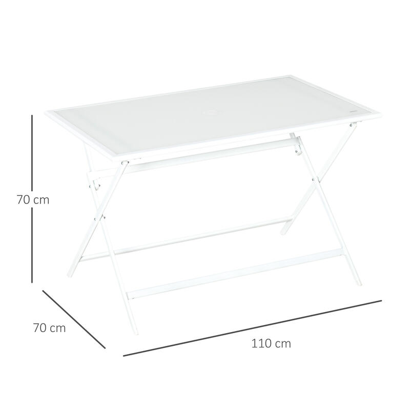 Mesa de jardín plegable de metal vidrio Outsunny 110x70x70 cm blanco