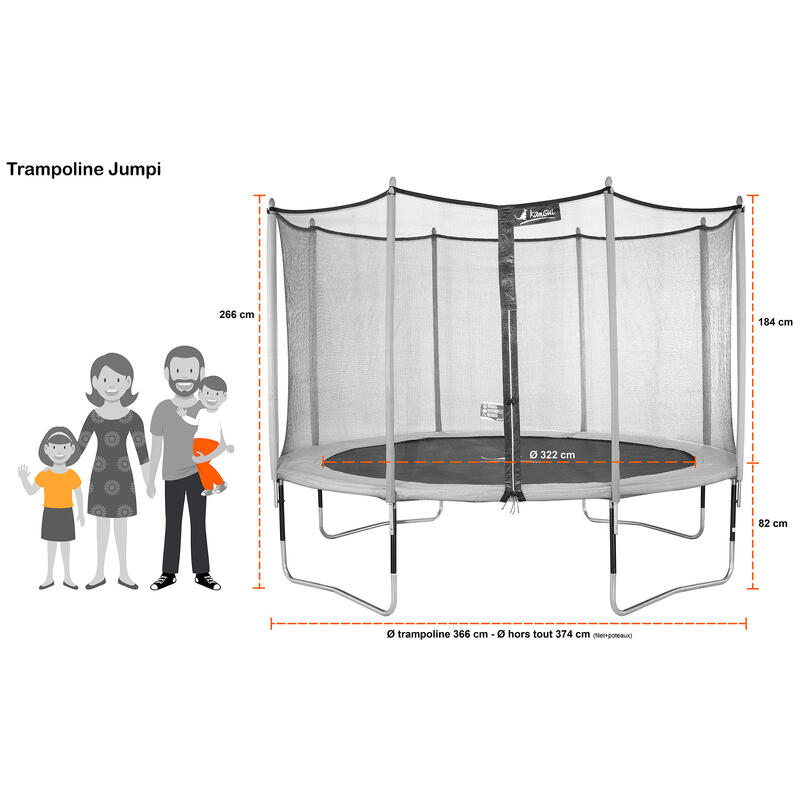 Trampoline 365 cm + filet + échelle + bâche + kit d'ancrage JUMPI Taupe/Vert 36