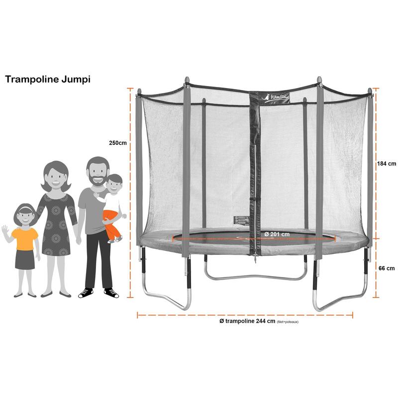 Trampoline de jardin 244 cm + filet de sécurité + échelle JUMPI Vert/Noir 250