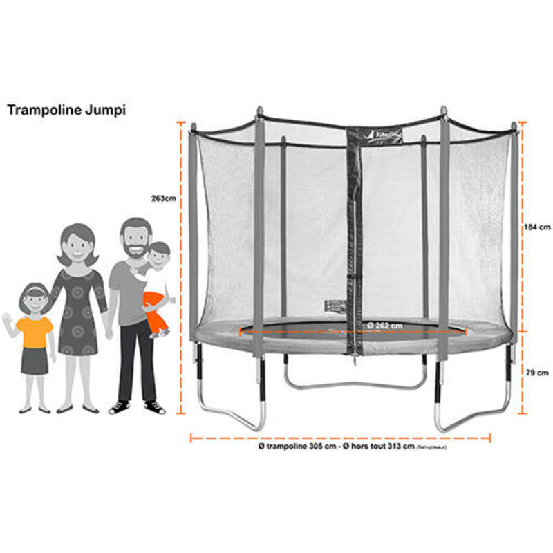 Trampoline de jardin 305 cm + filet de sécurité JUMPI Vert/Noir 300