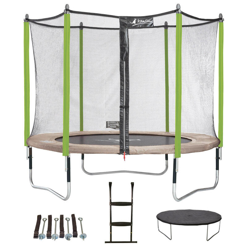 Trampoline 305 cm + filet + échelle + bâche + kit d'ancrage JUMPI Taupe/Vert 30