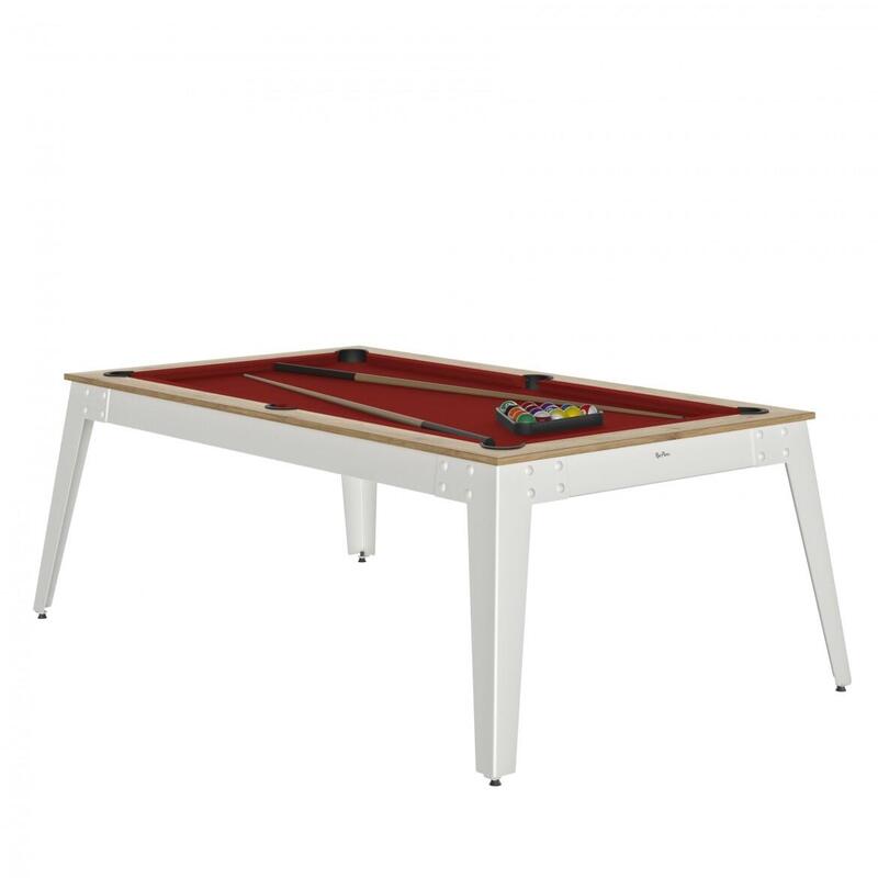 BILLARD STEEL BLANC - PIEDS GRIS - DRAP ROUGE AVEC PLATEAUX TABLE