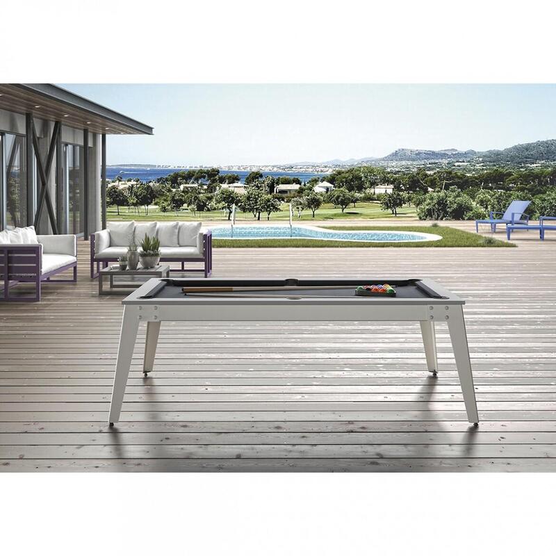 BILLARD CARAIBES EXTERIEUR  - PIEDS BLANC  - DRAP SLATE GREY AVEC PLATEAUX TABLE