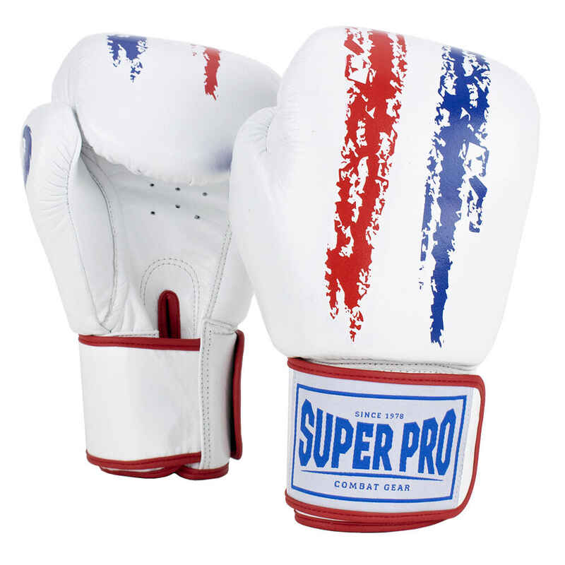 Super Pro Boxhandschuhe „Warrior“, 14 oz., Weiß-Rot-Blau