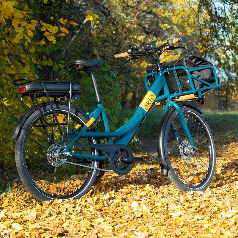 Vélo porteur électrique - Missive 3 vitesses Bleu canard + sacoche avant