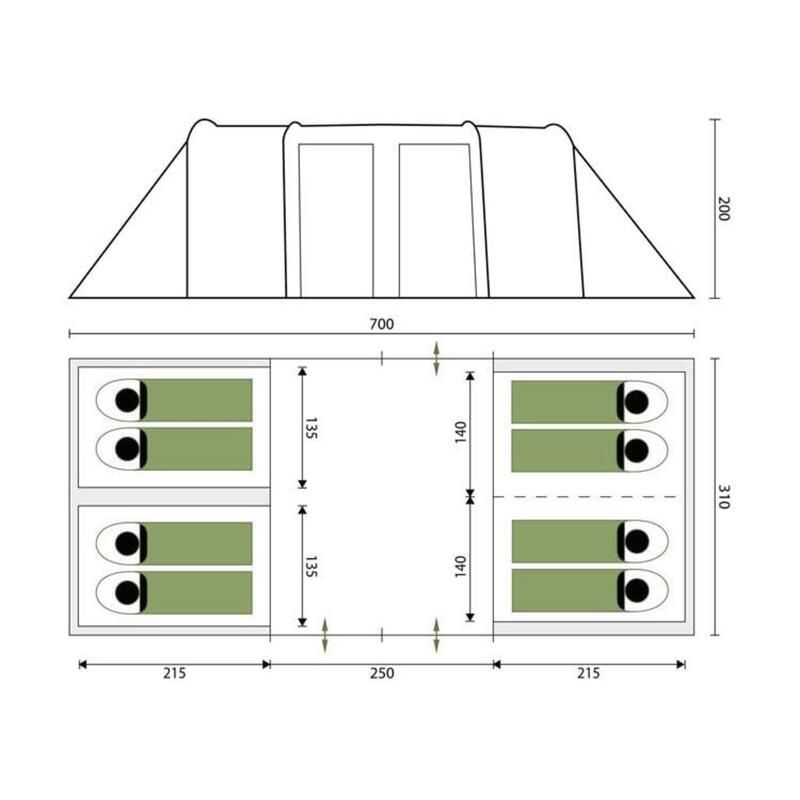 Tenda da campeggio familiare - Montana 8 persone - 4 cabine - 700x310cm