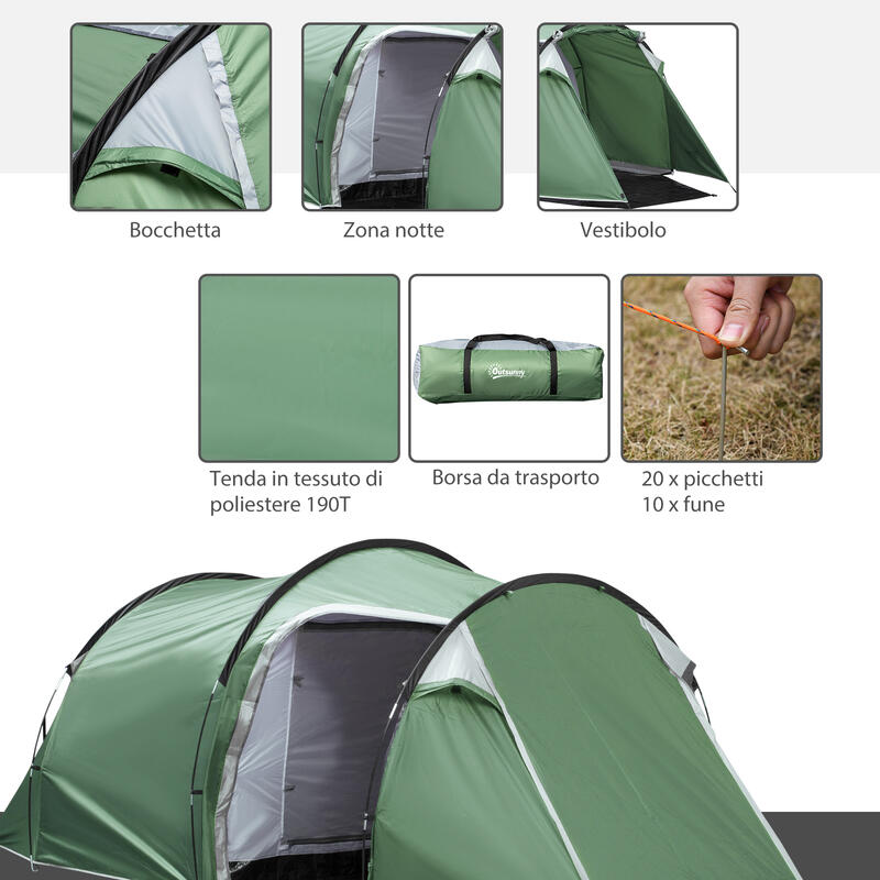 Outsunny Tenda da Campeggio 4 Posti Ampio Vestibolo Impermeabile Verde Scuro