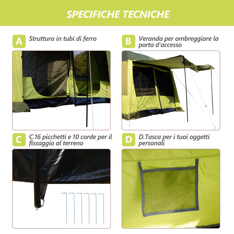Outsunny Tenda da Campeggio con Veranda 8 Persone 410 × 310 × 225cm