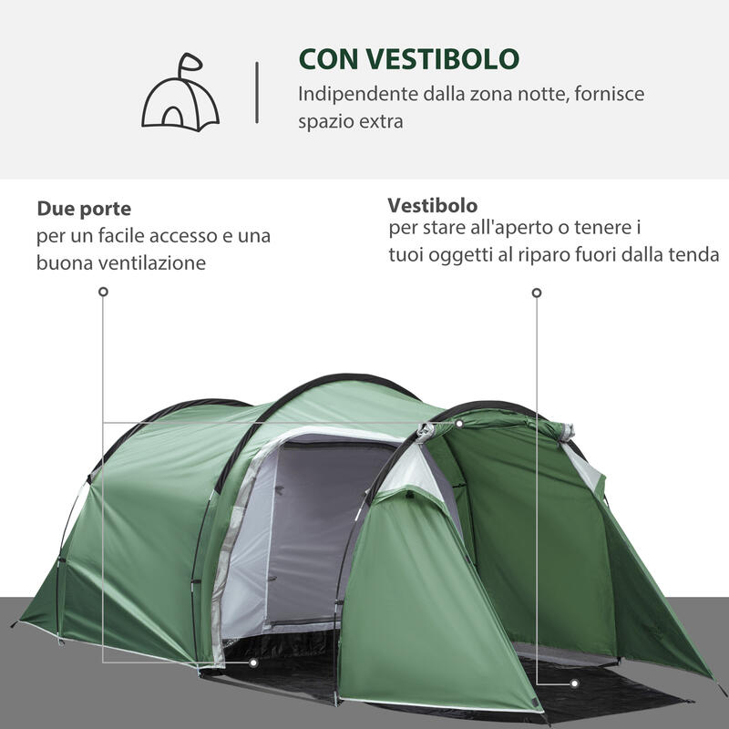 Outsunny Tenda da Campeggio 4 Posti Ampio Vestibolo Impermeabile Verde Scuro