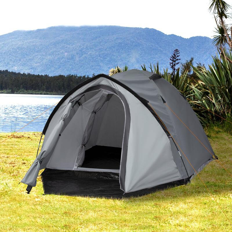 Outsunny Tenda da Campeggio 4 Posti Impermeabile con Vestibolo e Finestre  Grigio OUTSUNNY