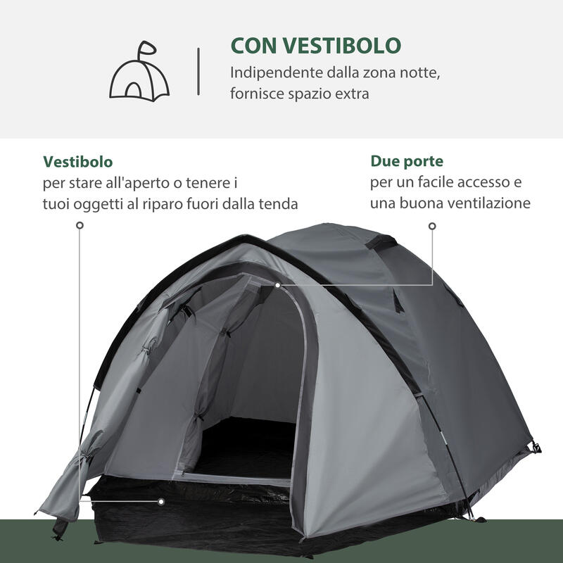 Outsunny Tenda da Campeggio 4 Posti Impermeabile con Vestibolo e Finestre Grigio