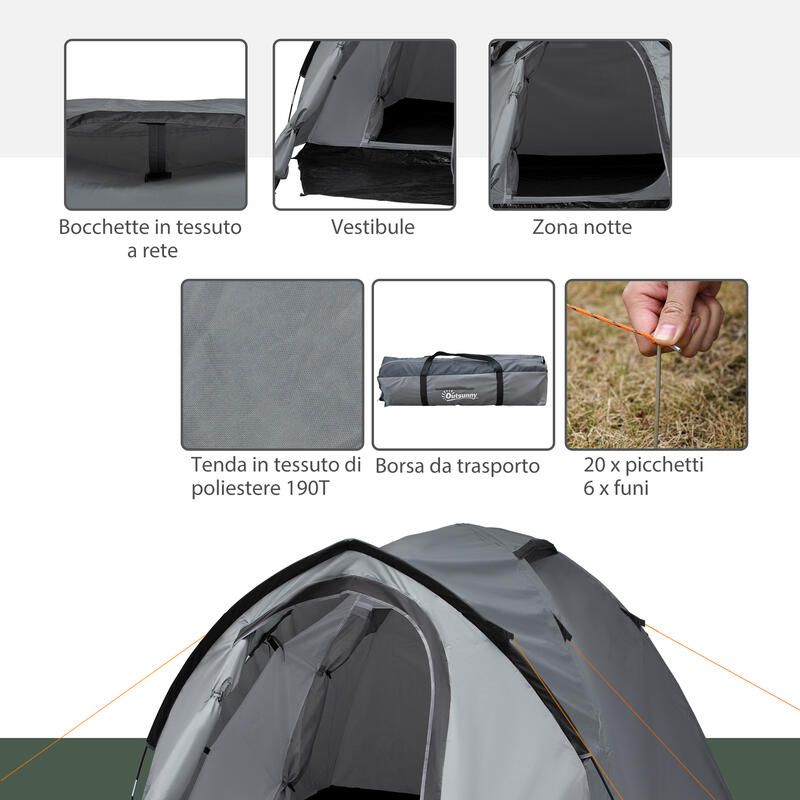 Outsunny Tenda da Campeggio 4 Posti Impermeabile con Vestibolo e Finestre Grigio