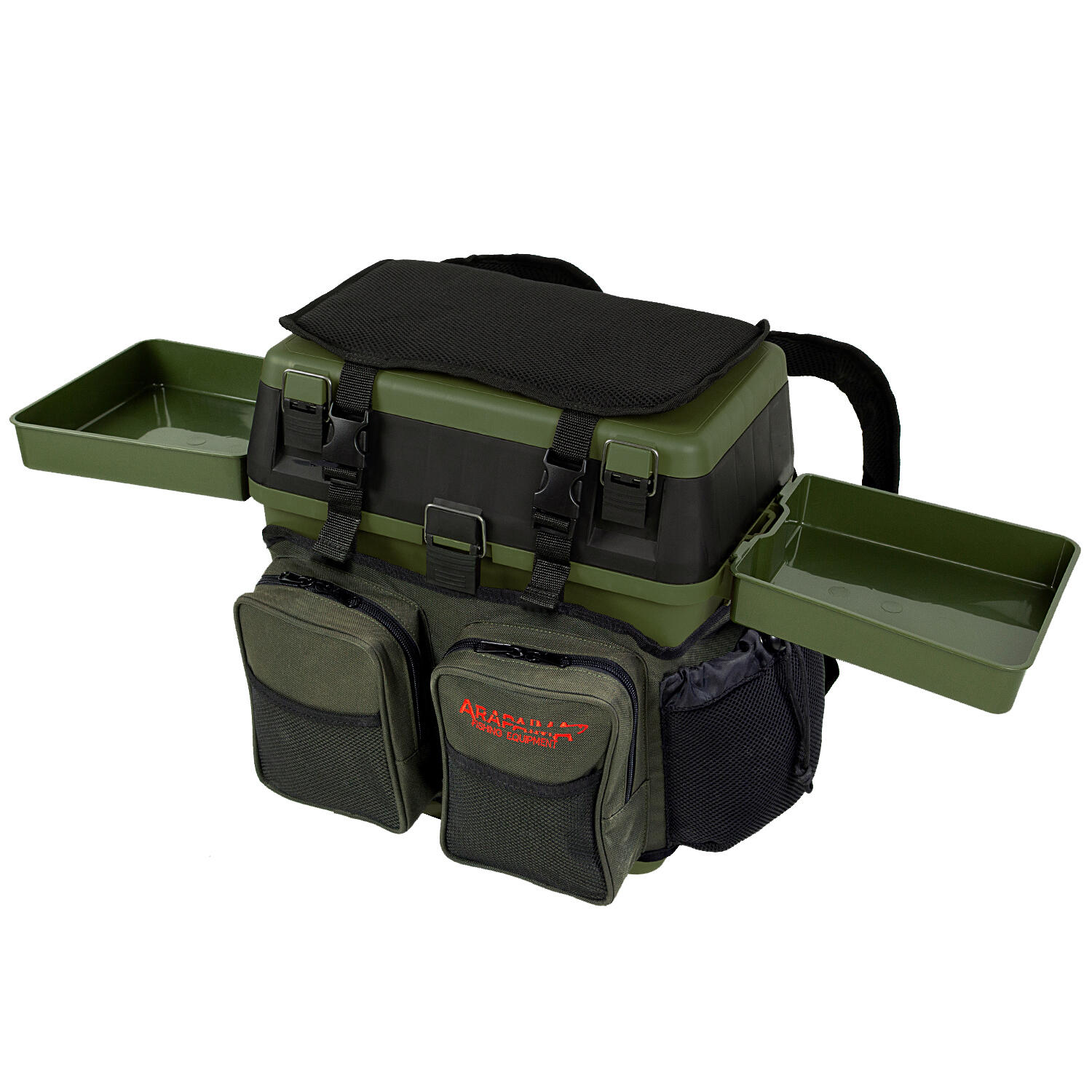 Fishing box and seat + 2 side trays | Backpack | Olive