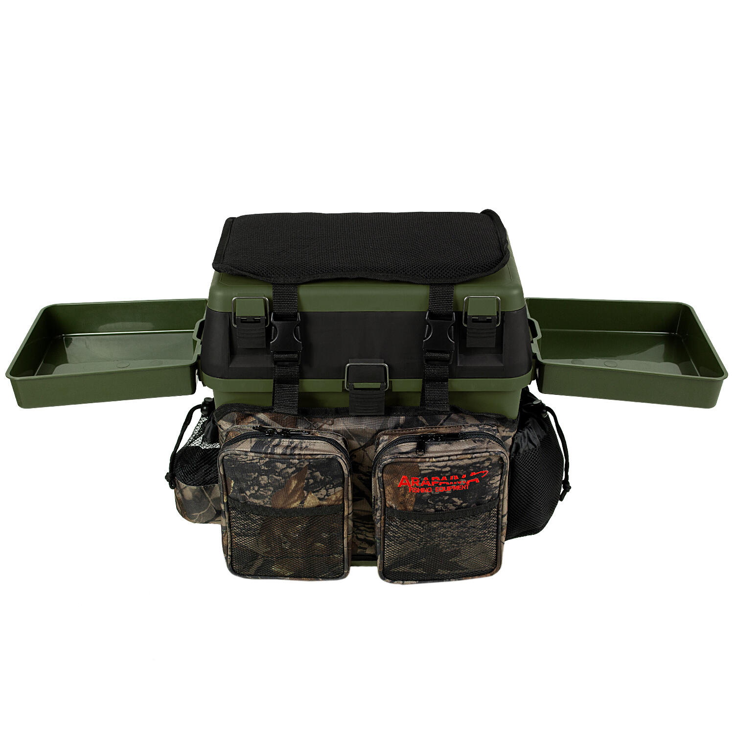 Fishing box and seat + 2 side trays | Backpack | Olive/Camouflage