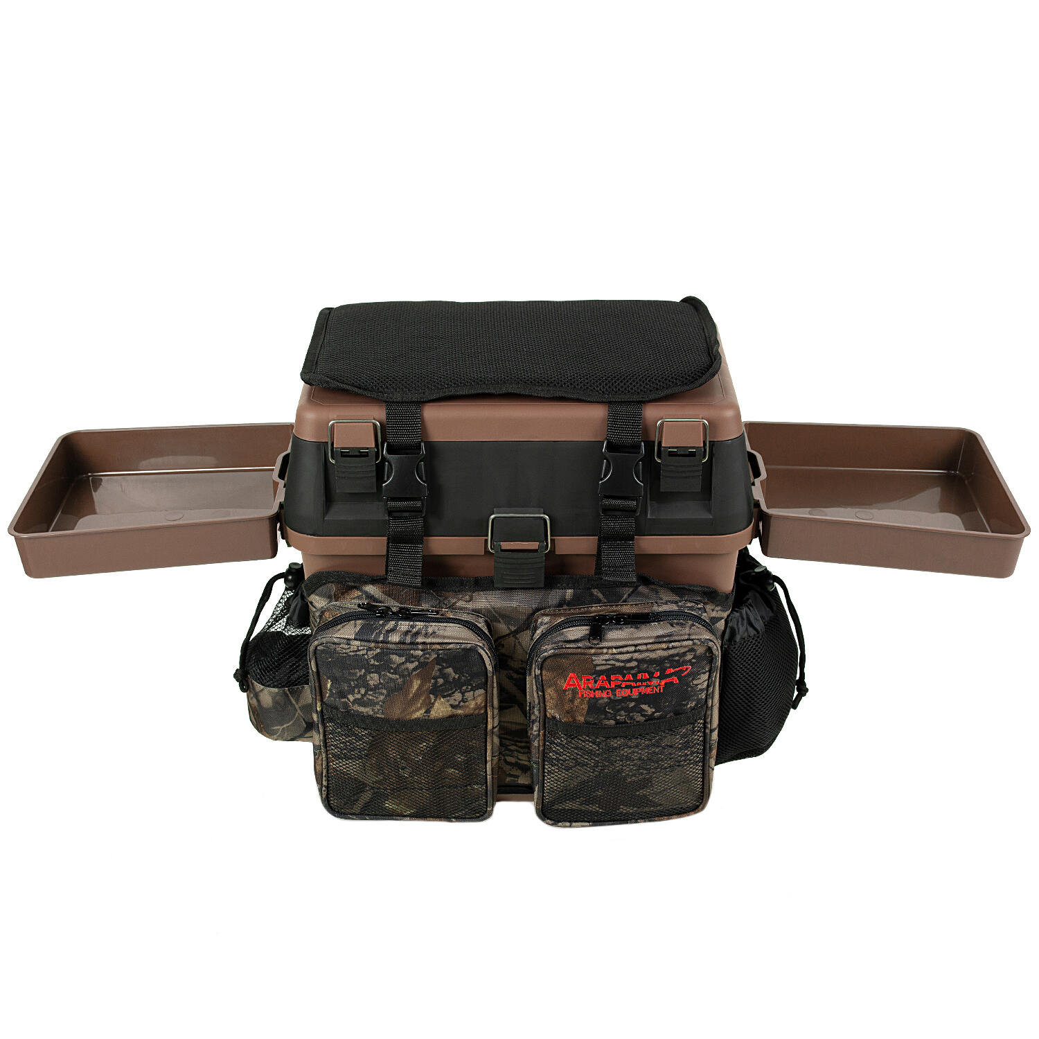 Fishing box and seat + 2 side trays | Backpack | Brown/Camouflage