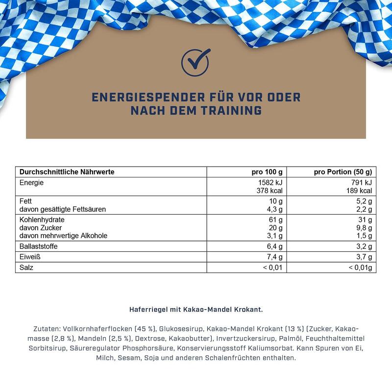 Energie-Riegel Haferriegel Müsliriegel Bavarian Bar Kakao-Mandel Krokant 24 x 50