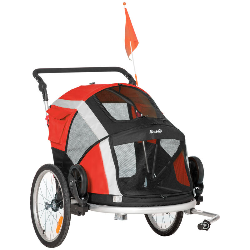 Pawhut Remolque De bicicleta para perros plegable 2 en 1 carrito aluminio con mango ajustable bandera y 6 refl 150x82x98